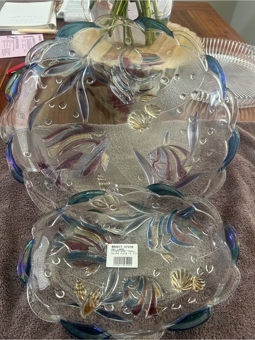 Iridescent Glass Serving Platter - Clear with Blue & Gold Accents